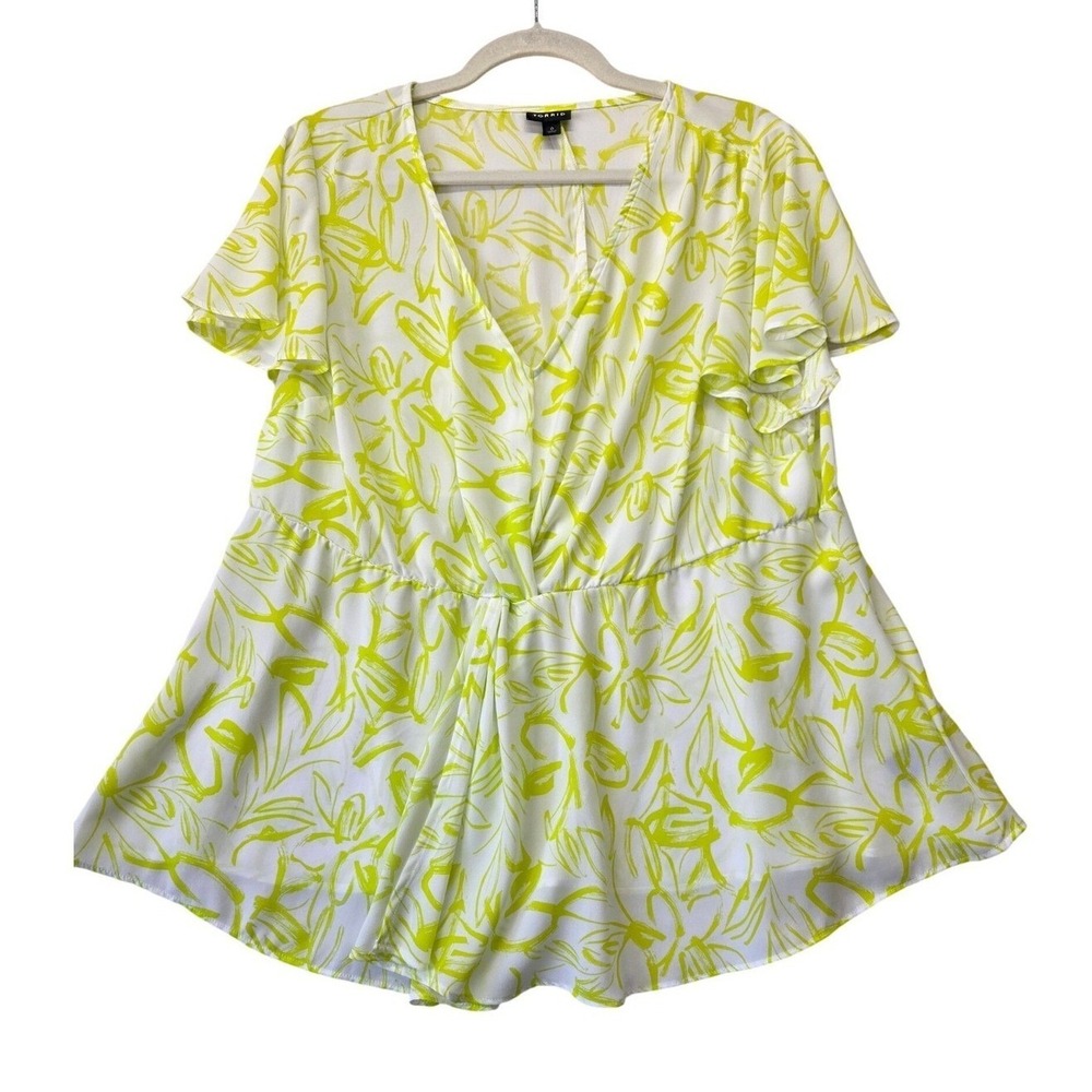 Torrid Womens 0 Neon Yellow White Abstract Floral Surplice Peplum Blouse Top